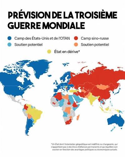 Découvrez cette carte de prévision géopolitique illustrant une possible  répartition du monde en cas de troisième guerre mondiale. - **Bleu foncé**  : Camp des États-Unis et de l'OTAN - **Rouge** : Camp