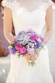 Hydrangea, roses, succulents, orchid, veronica, asparagus sizes on photo: Bright Purple Orchid Dahlia And Succulent Bridal Bouquet