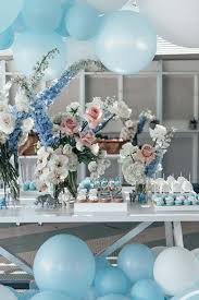 Nikki S Baby Shower Real Celebration Pastel Blue And Pink Dessert Table Balloon Arch Party Ide Pastel Baby Shower Baby Blue Party Elegant Baby Shower