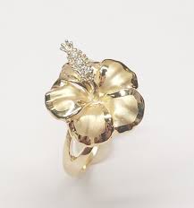 Hibiscus Flower Ring With Diamonds In 14k Yellow Gold Flower Ring Yellow Gold Rings 14k Yellow Gold