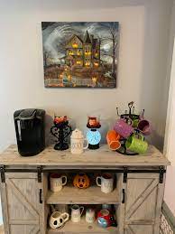 Fall coffee bar, halloween coffee bar #fall #pumpkins. Finally Finished My Halloween Coffee Bar Featuring The Bath And Body Works Candelabra And Bat Globe Bathandbodyworks