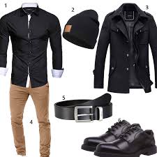 Elegantes Herrenoutfit Mit Schwarzem Hemd Parka Und Schuhen Outfits4you De In 2020 Herren Outfit Schwarzes Hemd Manner Outfit