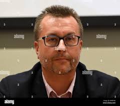 Prague, Czech Republic. 21st Aug, 2019. Vykonny reditel HC Ocelari Trinec Marek  Chmiel vystoupil 21. srpna 2019 v Praze na tiskove konferenci k dalsimu  rocniku hokejove Ligy mistru Stock Photo