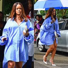Rihanna Maison Margiela Blue Oversized Striped Shirt Nina Ricci Pointed Toe Ankle Strap Pumps Barbados Rihanna Outfits Rihanna Style Rihanna