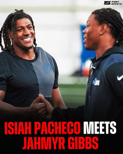 Former #ChiefsKingdom RB Isiah Pacheco meets his new RB partner Jahmyr Gibbs  at Detroit Lions #OnePride #fblifestyle