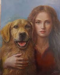 Girl and her Dog Looking out to Sea' Oil