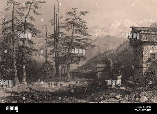 BRITISH INDIA. Village of Koghera & Deodar Forest. Himalayas. ALLOM, 1858 Stock Photo - Alamy