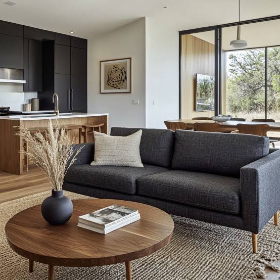 Grey sofa with oak TV unit and coffee table in a coordinated Mauritius living room
