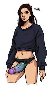 1girls artist signature black eyes black nail polish black nails  breasts brown hair female femdom imminent pegging looking at viewer midriff  navel pegging plain background presenting strap-on ring solo