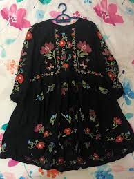 Ruffled trim on the hem. Zara Black Floral Embroidered Dress Women S Fashion Clothes Dresses On Carousell