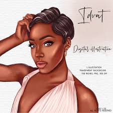 African American Clipart Short Hair Afro Fashion Girl Beautiful Girly  ClipArt Dark Skin Woman Graphics Print