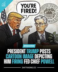 Donald Trump just shared a cartoon on Truth Social where he's pointing at  Jerome Powell and saying “You're fired,” with Powell shown holding a box of  his things. 🏛📉 The drawing puts
