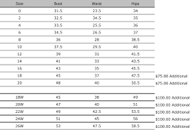 size charts mestads bridal and formalwear