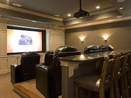 The important element and functionality bar room ideas: Home Theater Cool Idea With The Bar Stools As The Third Row Of Seats Would Be Good For Eating Home Theater Rooms At Home Movie Theater Home Theater Seating