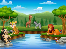 Animals Cartoon Are Enjoying Nature By The River In 2020 Animal Mural Cartoon Animals Jungle Illustration