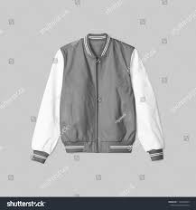 Blank Jacket Satin Baseball Grey And White Color On Grey Background For Mockup Template Isolated In Front View Baseball Grey And White Jackets Gray Background