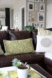 Green Accents On Brown Leather Sofa Love With The Grey Walls Brown Living Room Living Room Decor Home Decor