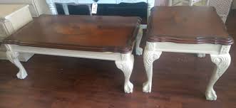 Replicated blackened wood finish with gray textural grain. Here Is A Great Coffee And End Table Set They Both Have Ball And Claw Feet And I Painted White Distressed Coffee Table Old Coffee Tables Coffee And End Tables