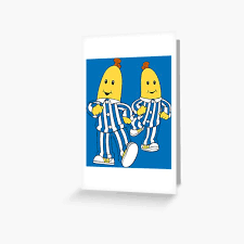 Personal illustration of a cartoon character being chased by one of the bananas in pyjamas (2005). Bananas Greeting Cards Redbubble