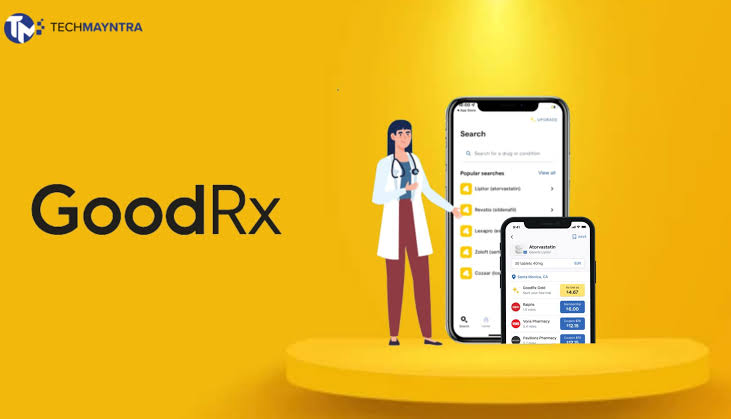 Person reviewing discount medication coupon and GoodRx app on phone while speaking with pharmacist at pharmacy counter