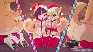 Furry christmas girls rinding a dildo