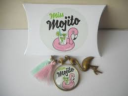 Porte Cles Cabochon Verre Miss Mojito Rose Vert Flamant Rose Pompon Breloques Mojito Pink And Green Keychain