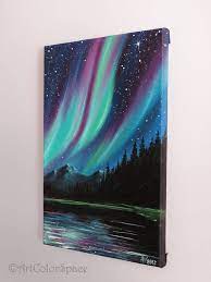 I'm painting on a 12x16 in canvas board, but you can paint on any type and size of canvas you like. Canada Northern Lights Art Aurora Borealis Mountain Painting Celestial Art Mother S Day Gift Northern Lights Art Celestial Art Forest Painting