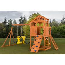 Creative Cedar Designs Timber Valley Playset With Blue Accessories 3512 B The Home Depot Wooden Playset Swing Set Wood Swing Sets