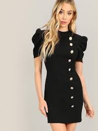 Gold Button Front Puff Sleeve Black Going Out Mini Dress Dresses With Sleeves Black Dress With Sleeves Dresses