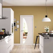 Cottage style moulded hardboard internal door, grained appearance, white primed and ready for paint finish, clear flat safety glass with etched lines and flush beading. Xl Joinery Salerno White Internal Door With Clear Glass Shawfield Doors