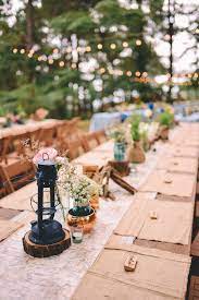 A Camping Themed Wedding In The Woods With Blue And Pink Accents Campground Wedding Camping Wedding Theme Summer Camp Wedding