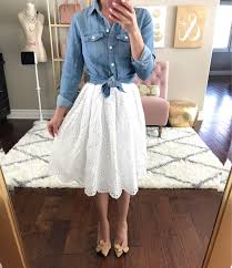 Eyelet Scalloped Hem Skirt Chambray Shirt Flower Pumps Spring Outfit Idea Skirt Outfits Modest White Lace Skirt Spring Skirt Outfits