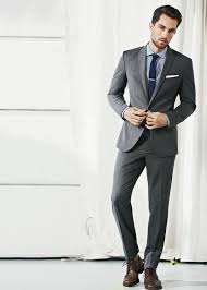 H E By Mango Spring Summer 2013 Menswear Lookbook For More Formal Look H E By Mango Offers Classic Fi Grey Suit Men Suits Men Business Grey Suit Brown Shoes