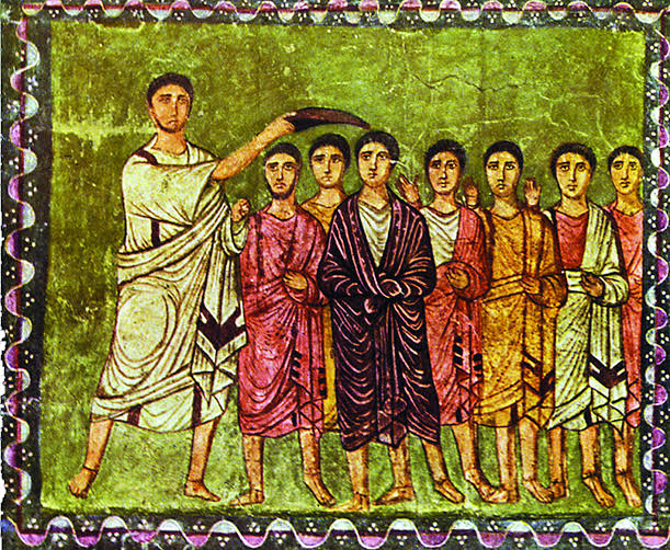 Pintura antiga representando vestes purpúreas da realeza no Mediterrâneo