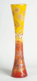 Emile Galle Grand Vase Diabolo En Verre Orange Et Jaune A Decor Emai Art Nouveau Paris Art Glass Art