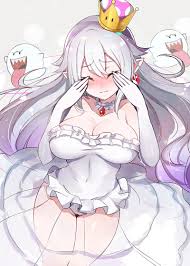 luse maonang, boo (mario), princess king boo, luigi's mansion, mario  (series), new super mario bros. u deluxe, nintendo, silver hair, 1girl,  bare shoulders, blush, breasts, brooch, cleavage, closed mouth, collarbone,  covering own