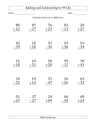 The Large Print Adding And Subtracting 2 Digit Numbers With Sums And Minuends Up To 99 Subtraction Worksheets Adding And Subtracting 2nd Grade Math Worksheets