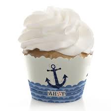 Nautical baby shower cupcake stand. Ahoy Nautical Baby Shower Decorations Party Cupcake Wrappers Set Of 12 Bigdotofhappiness Com