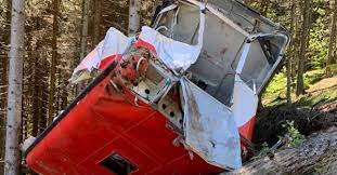 On may 23, 2021, during a scheduled trip, a cable car fell after a cable line snapped 300 metres (980 ft) from the summit of mottarone mountain, which is located near lake maggiore in northern italy. Bgvpl Zkze8pam