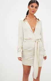 Champagne Satin Ruched Shirt Dress Shirt Dress Satin Shirt Dress Womens Dresses