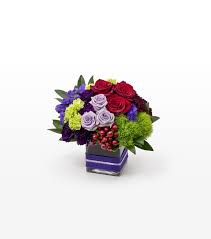 Red roses and purple flowers. Red Purple Green Mixed Flower Arrangement In A Square Vase For Florists Stock Photo Image Of Arranged Designed 104074178