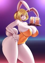 mleonheart, carrot (one piece), one piece, highres, 1girl, blonde hair,  breasts, cleavage, curvy, furry, gradient background, highleg, highleg  leotard, huge breasts, large breasts, leotard, licking lips, looking at  viewer, one eye closed,