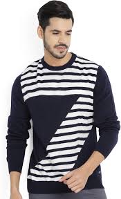 John Players Striped Round Neck Casual Mens White Blue Sweater