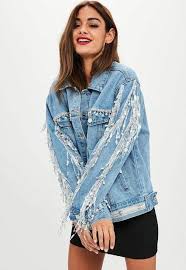 Black And Blue Split Denim Jacket Missguided Blue Embellished Sequin Fringe Denim Jacket Denim Fashion Women Denim Outfit Embellished Denim Jacket