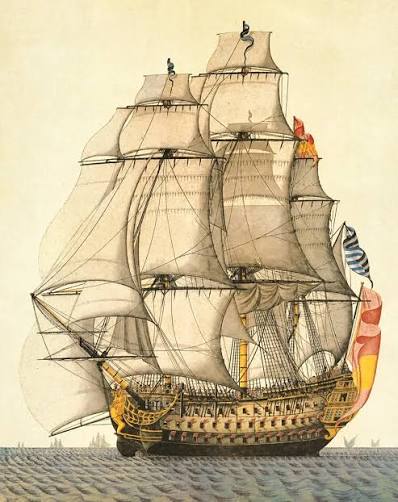A painting of an engagement between three East India Company ships and two French vessels, 8 March 1757'. Painted by Auteur Lawson Dunn. Three homeward bound East Indiamen, the 'Suffolk', 'Houghton' and '