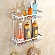 Pinksky No Drilling Bathroom Shelves Aluminum 2 Tier Shower Shelf Caddy Adhesive Kitchen Storage Basket Bathroom Shelves Kitchen Basket Storage Shower Shelves