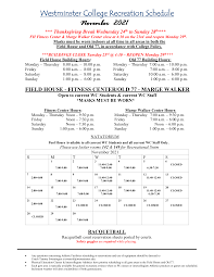 Westminster College Monthly Recreation Schedule
