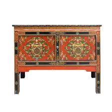 Tibetan Oriental Black Orange Red Floral End Table Nightstand Side Table End Tables Antique Cabinets Wood