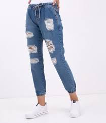 Calça De Moletom Da Bad Cat Calca Jogger Jeans Com Puidos E Cordao Azul Lojas Renner Jeans Feminino Jeans Calcas Jogger