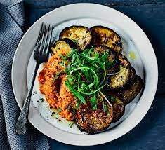Garlicky Aubergine Steaks With Romesco Sauce Recipe Romesco Sauce Veggie Dinner Vegeterian Dishes